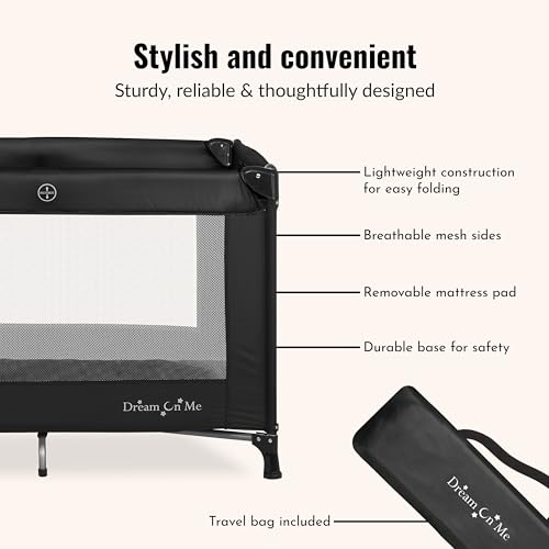 Dream On Me Nest Portable Playard in Black with Carrybag an Shoulder Strap, Lightweight, Packable and Easy Setup Baby Playard, Breathable Mesh Sides and Soft Fabric - Comes with a Removable Padded Mat