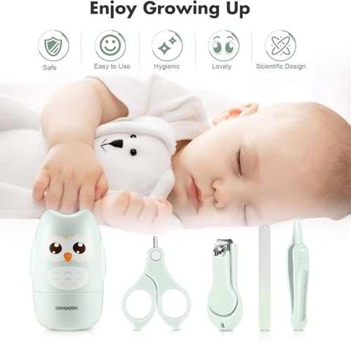 Baby Nail Clippers, 4-in-1 Safe Baby Nail Kit with Cute Case, Nail Clipper, Scissors, Tweezers, Nail File Set for Newborn, Infant, Toddler and Kids-Owl Green
