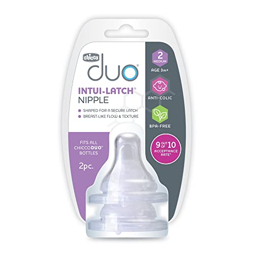 Chicco Duo 100% Silicone Intui-Latch Baby Bottle Nipple with Anti-Colic Valve | Skin-Like Texture and Breast-Like Flow | Stage 2, Medium Flow | 2 Count (Pack of 2) | 3+ Months