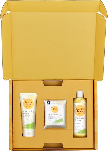 Burt's Bees Baby Gift Set for Baby Showers, Includes Baby Essentials, Shampoo and Wash with Lavender, Body Lotion, Wipes and Cloths, Naturally-Derived Origin Skincare, 3 Count