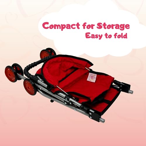 The New York Doll Collection My First Doll Stroller with Basket, Foldable Doll Stroller (Red Quilted)