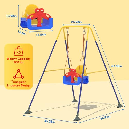 HAPPYMATY 3-in-1 Toddler Swing Set, Baby Swing with Safety Belt, Indoor/Outdoor, Easy to Assemble Kids Swing Seat with Sturdy Metal Stand for Playground, Backyard and Nursery, Blue Yellow