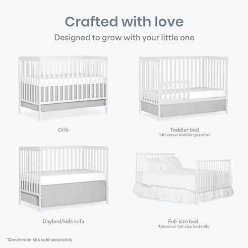 Dream On Me Synergy 5-in-1 Convertible Full-Size Baby Crib with Toddler, Day & Full Bed Conversion in White, GreenGuard Gold & BSA, 3 Mattress Heights, Sustainable Pinewood