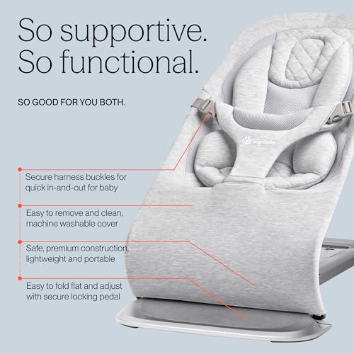 Ergobaby Evolve 3-in-1 Bouncer Seat for Babies and Toddlers 5.5-25lbs - Multi Position Baby Rocker Seat with Adjustable Heights, Secure Harness, Newborn Insert - Light Grey