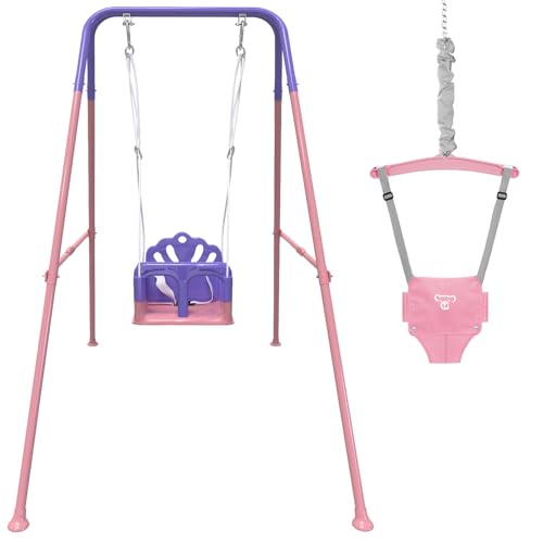 Foldable Toddler Swing Set and Baby Jumper, Indoor & Outdoor Use, Baby Bouncer Jumper, Safe and Durable Swing Set for Backyard （Pink）