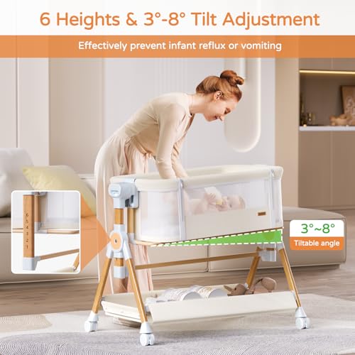 3 in 1 Baby Bassinet,Bedside/Rocking Bassinet for Baby,Bedside Crib with lockable Wheels,Waterproof Mattress,Adjustable 6 Heights,Portable Bassinets Bedside Sleeper for Newborn Infant-Beige