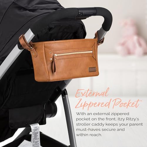 Itzy Ritzy Adjustable Stroller Caddy and Organizer Bag Featuring Front Zippered Pocket, 2 Built-in Interior Pockets & Adjustable Straps to Fit Nearly Any Stroller (Cognac)