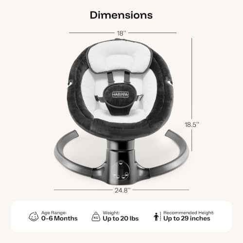HARPPA Weddell Lite Electric Baby Swing for Infants with Music Speaker, 5 Adjustable Speeds, 5-Point Safety Harness, Timer Function, Compact Design for Indoor & Outdoor Use,Black