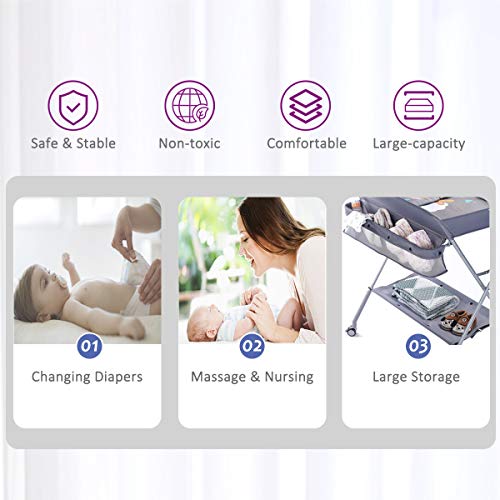 EGREE Baby Changing Table Portable Folding Diaper Changing Station with Wheels, Adjustable Height Mobile Nursery Organizer with Safety Belt and Large Storage Racks for Newborn Baby and Infant, Gray