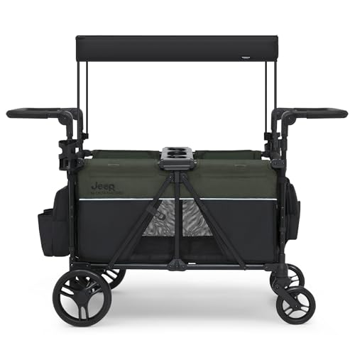 Jeep Aries Stroller Wagon by Delta Children Premium Wagon for 2 Kids with Convertible Seats, Adjustable Push/Pull Handles, Removable Canopy & Flat Fold - Greenguard Gold Certified, Black/Green