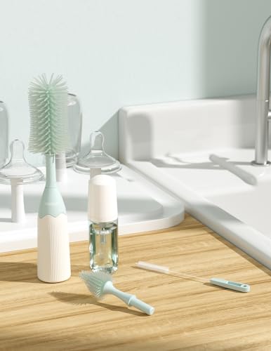 Momcozy Bottle Brush Kit with Push-Press Foam Design - Newborn Essentials Gift, Portable Cleaning Tool for Home & Travel, Baby Bottle Cleaner Brush for Breast Pumps & Nipples, Green