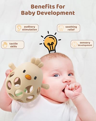 ChooKaChoo 2-in-1 Baby Teething Rattle Toy, Sensory Grasping Teether for Infants 3-12 Months, 100% Food-Grade Silicone, Easy to Hold, Soothing & Developmental, BPA Free