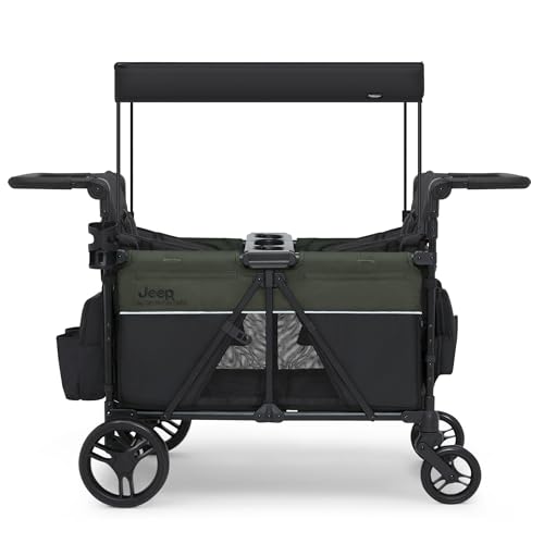 Jeep Aries Stroller Wagon by Delta Children Premium Wagon for 2 Kids with Convertible Seats, Adjustable Push/Pull Handles, Removable Canopy & Flat Fold - Greenguard Gold Certified, Black/Green