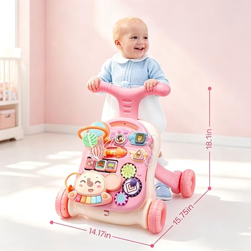CUTE STONE 2-in-1 Baby Walker for Girls, Toddlers Learning Walker, Early Educational Push Walking Toys with Detachable Activity Center for Infants 12+ Months