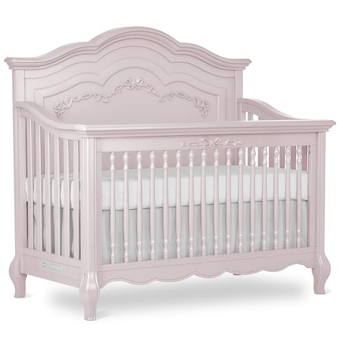 Evolur Aurora 5-in-1 Convertible Full-Size Baby Crib in Dusty Rose, 3 Mattress Heights, Ribbon Bow Scrollwork & Queen Anne Feet, Converts to Toddler, Day & Full-Size Bed