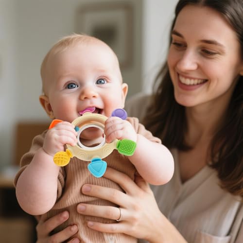 VTECHOLOGY Baby Teething Rings Toys for 0-6 6-12 Months Baby Rattle Teether Sensory Toys for Babies 0-24Months Silicone Teether Relief Chew Soothing Sore Gums for Newborn Infant Essentials BPA Free
