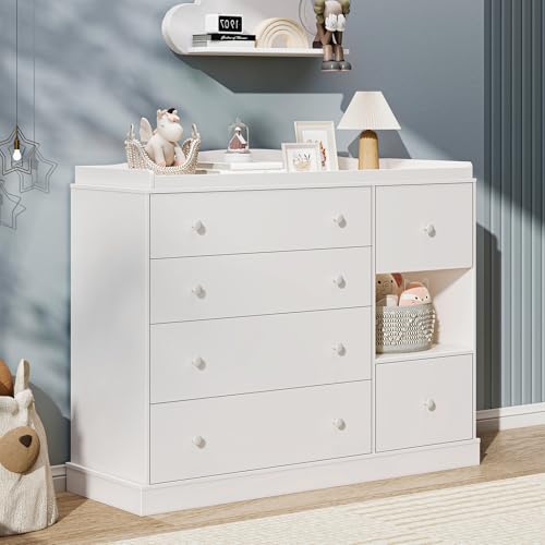 Halitaa Kids Dresser Cabinet with 6 Drawers, Changing Table for Nursery with Shelf, Multi-Functional Chest of Drawers, Kids Bedroom Furniture, Nightstand for Children's Room, White