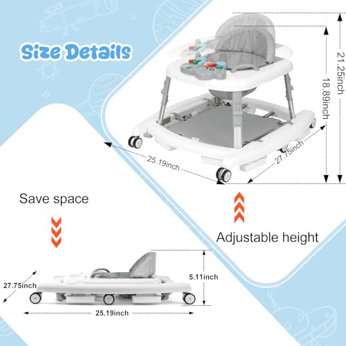 Tickeagle 5-in-1 Baby Walker for Boys and Girls Music and Lights 6-18 Month, Foldable Baby Walkers with 5 Adjustable Heights, Infant Toddler Walker with Wheels and Bouncer Combo Portable (White)