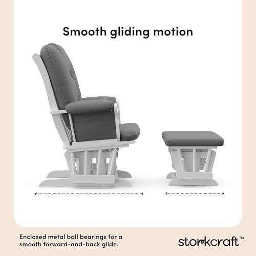 Storkcraft Tuscany Custom Glider and Ottoman with Free Lumbar Pillow (White/Grey) - Cleanable Upholstered Comfort Rocking Nursery Chair with Ottoman