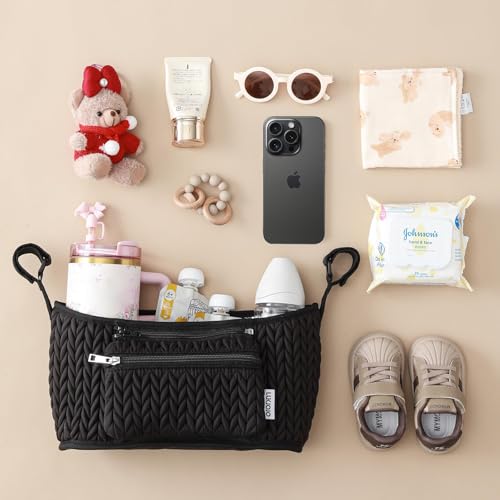 LUKJOJO Stroller Organizer - Stylish Quilting Nylon, Universal Fit, Detachable Bag, Adjustable Multi-Storage for Baby Stroller and Pet Stroller（Black-A