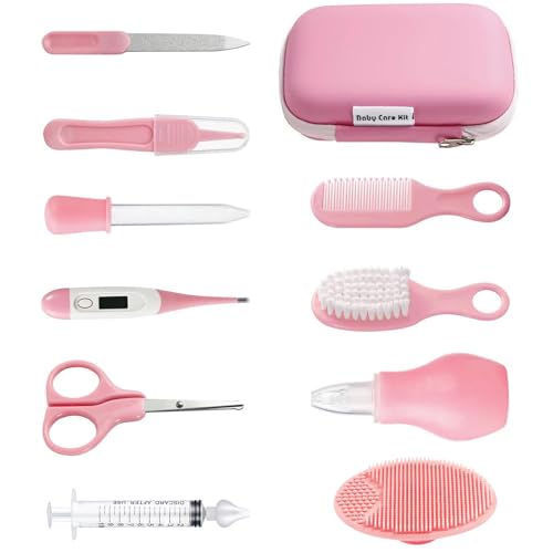 PandaEar Baby Healthcare and Grooming Kit, 12-in-1 Pink, Baby Comb, Brush, Finger Toothbrush, Nail Clippers, Scissors, Nasal Aspirator, Plastic, Pink