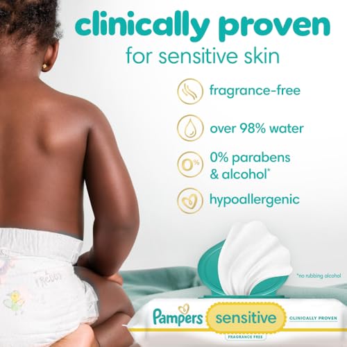 Pampers Sensitive Baby Wipes, Clinically Proven, Fragrance Free, Unscented, Water Based, Hypoallergenic, Multi-Use, Hand Wipes 336 Wipes Total (6X Flip-Top Packs) [Packaging May Vary]
