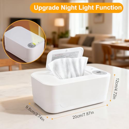 Wipe Warmer, Baby Wipes Dispenser, Large Capacity Baby Wipe Warmer, Wet Wipes Dispenser for Diapers, Wet Wipe Warmer with Night Light for Home, Car & Travel, 3 Temperature Settings