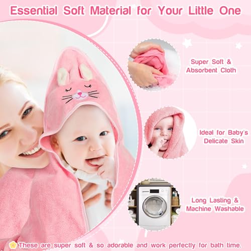 4 PCS Hooded Baby Towels Set, Absorbent Baby Bath Towel, Soft Baby Towels and 3 PCS Baby Washcloths for Newborns, Toddlers, and Kids, 32x32 in Baby Towel with Hood for Boy and Girl (Pink Kittens)