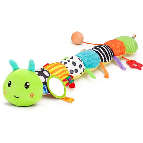 Topsochir Baby Sensory Toys 0-6 Months Music Animal Stuffed Plush Caterpillar Toy for Infant 0-3-6-12 Month Old Tummy Time with Mirror Crinkle Rattle Toys for Newborn Boys Girls Shower Birthday Gifts
