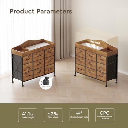 YeTom Baby Changing Table with 9 Fabric Boxes, Waterproof Diaper Changing Station & Pad, Mobile Nursery Diaper Changing Table, Baby Furniture, Rustic Brown