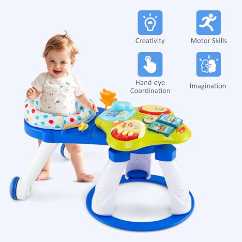 INFANS 3 in 1 Walk Around Baby Activity Center, Baby Walker with Play Table, Wheels, Detachable Seat Cushion, 3 Adjustable Heights, Learning Toys for Boys Girls Aged 6-36 Months (Blue)