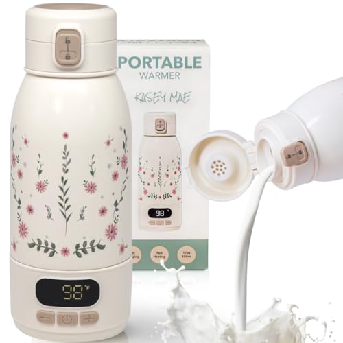 Kasey Mae Portable Bottle Warmer for Travel – Precise Heating for Breastmilk & Formula - Fast 3-Minute Heating, USB Rechargeable, Baby Milk & Formula Warmer On the Go, Long Battery, Floral, 17oz