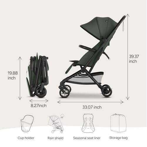 Mompush Velo Lightweight Travel Stroller, Compact & Airplane-Friendly Design with One-Hand Fold, Lie-Flat Recline from Newborn to Toddler, Includes Leather Bumper Bar, Raincover & Cup Holder