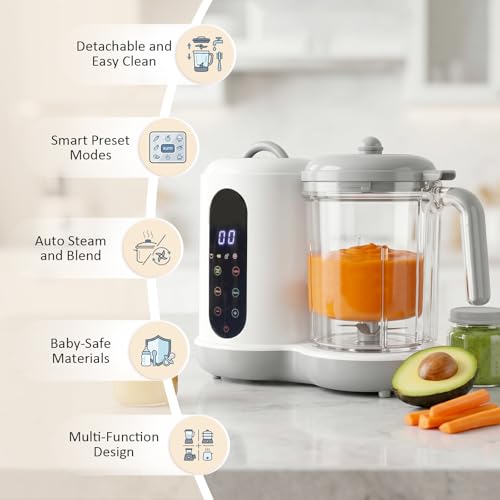 Baby Food Maker | All-in-One Steamer Blender Grinder, One-Touch Auto Cooking, Self-Cleaning Function, Puree Maker & Sterilizer for Healthy Homemade Baby Meals (White)