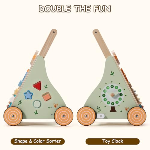 SainSmart Jr. Wooden Baby Walker, Adjustable Height and Speed Baby Push Walker, Montessori Activity Center for 6-12 Months, Push Walking Toys for 1 Year Old Boys Girls Learning to Walk, Animal Theme