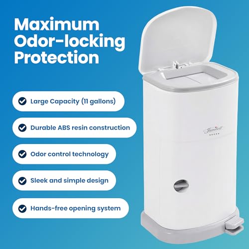 Janibell Akord 330 Adult Diaper Pail System – Holds Up to 35 Adult Diapers per Load, 560 Diapers per Refill Roll, 11-Gallon Hands-Free Step-On Trash Can, Odor-Locking Double Seal, White Resin