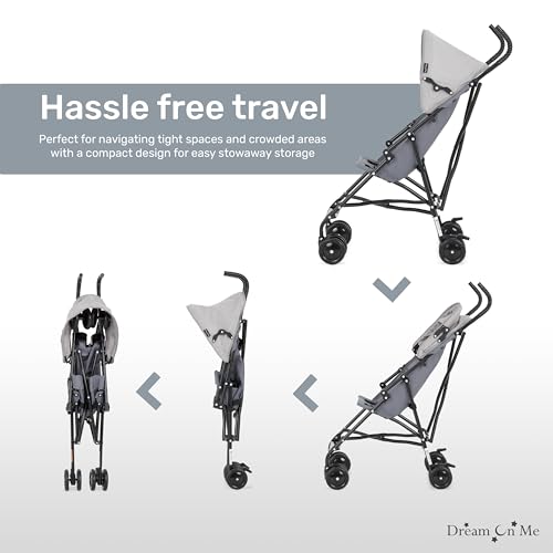 Dream On Me Aero Travel Umbrella Stroller, One-Hand Quick Fold, 3-Point Safety Harness, Dual Brakes, Adjustable Removable Canopy, Lightweight Compact & Space-Saving, for 6 to 36 Months – Grey