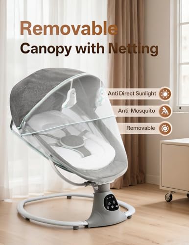 Electric Baby Swing for Infants to Toddler, 0-9 Months Portable Swing Rocker 5 Sway Speed, Bluetooth,12 Preset Lullabies with Remote Control, Infant Swing for Baby Boys & Girls, Grey