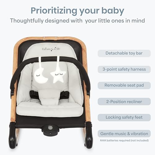 Dream On Me Rock On Me 2-in-1 Baby Rocker and Stationary Seat, Adjustable Recline, Gentle Music & Vibration, 3-Point Safety Harness, Detachable Toy Bar, Folds Compact for Travel – Black & Grey