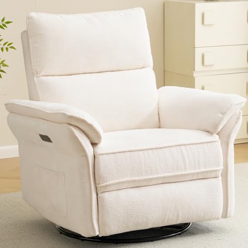 RUTOX Oversized Rocking Chair Nursery with Massage and Heat, Glider Recliner Nursery Chair with Adjustable Headrest, Power Swivel Rocker Recliner Chair with USB Port, White