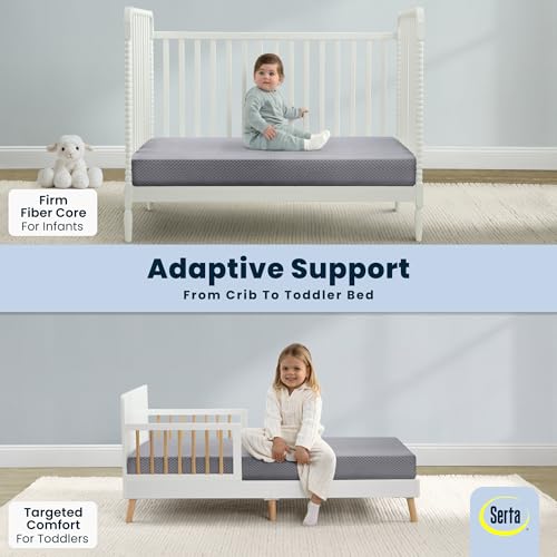 Serta Perfect Start Breathable Limited Two -Stage Crib Mattress and Toddler Mattress - Breathable Cover and Fiber Core, Machine Washable Cover, Waterproof, 7 Year Warranty, Made in USA