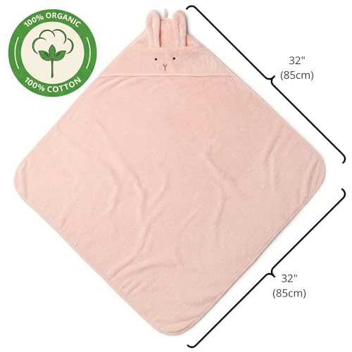Huxie Hooded Baby Towel – 100% Organic Cotton Baby Bath Towels – Baby Girl Newborn Essentials - Super-Soft and Absorbent. (Rabbit - Blush)