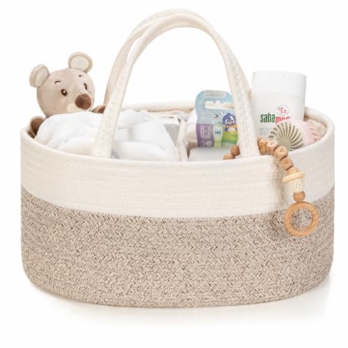 Kodomoore Diaper Caddy Organizer, Empty Gift Basket for Newborn Essentials, Baby Storage Basket, Stylish Gift Bag for Baby Shower, Boys and Girls - Small, White&Beige Brown