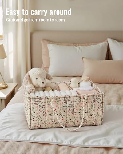 Blissful Diary Floral Diaper Caddy Organizer, Stylish Nursery Storage Basket, Diaper Bag,Gift for Baby Shower, Baby Registry Must Have, Newborn Essentials, Pastoral Daisy