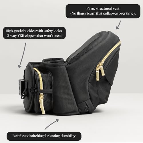 Tushbaby Original Hip Seat Baby Carrier for Babies & Toddlers up to 45 lbs, Safety Certified, Lightweight No-Foam Design with Storage, Black & Gold
