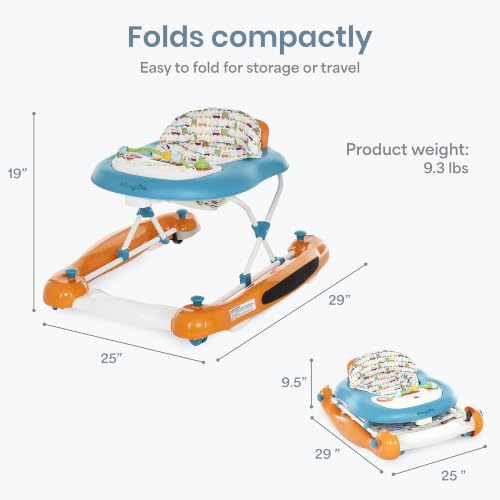 Dream On Me Go-Getter Baby Walker with Rear Push Handle, 2-in-1 Activity Walker and Walk-Behind, 3 Height Adjustments, Easy to Fold, Machine-Washable Seat Pad, Detachable Fun Tray, Orange