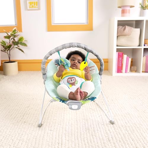 Bright Starts Wild Wonders Vibrating Baby Bouncer, Removable Toy Bar with 2 Toys, Nonslip Feet, 0-6 Months Up to 20 lbs