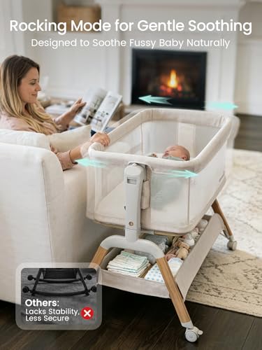 GROWNSY 5-in-1 Baby Bassinet Bedside Sleeper with Gentle Rocking Mode, 6 Adjustable Heights, Full Breathable Mesh, Convertible to Portable Crib, Bassinets with Mattress & Wheels, Beige