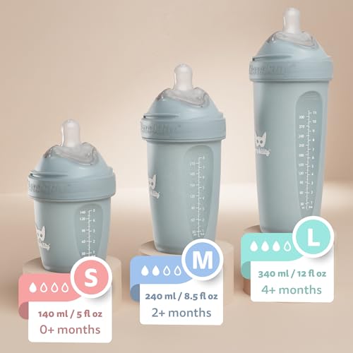 Herobility Anti-Colic Baby Bottles 8.5 fl oz/240ml - Pack of 4 Plastic Baby Bottles, Slow Flow Plastic Bottles, Breast-Shaped Teat for Breastfed Babies – Multicolor – White, Gray, Pink, Hawthorn Rose
