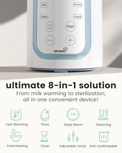 Grownsy Bottle Warmer, 8-in-1 Fast Baby Milk Warmer with Timer for Breastmilk or Formula, Accurate Temperature Control, Multifunctional Baby Bottle Warmers for All Bottles- Blue